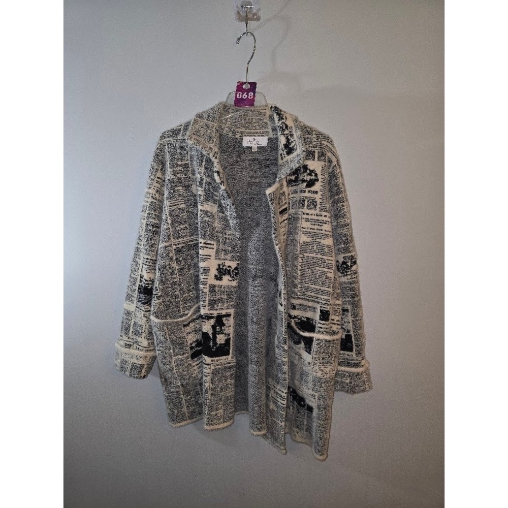 Palila Womens Cardigan Black White Newspaper Print Art To Wear Lagenlook Size XL